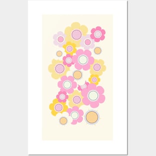 Yellow and pink floral border over yellow background Posters and Art